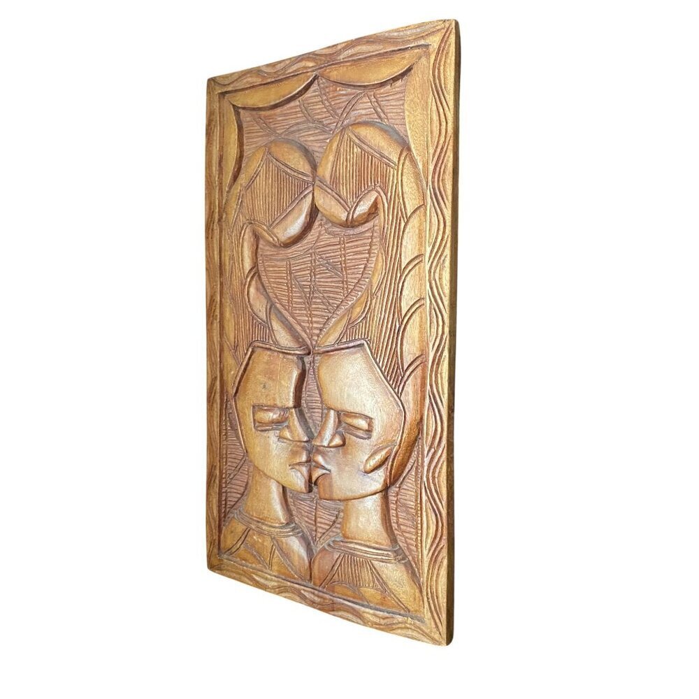 Vintage Large Carved Mahogany Wall Plaque Two People Kissing - Picture 2 of 4